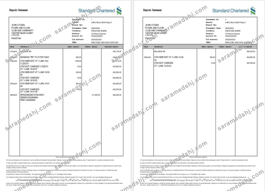 INDIA STANDARD CHARTERED bank statement template, Word and PDF format